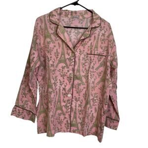 Bedhead Pajama Top Womens L/XL Pink Paris Eiffel Tower Corduroy Button Up Shirt